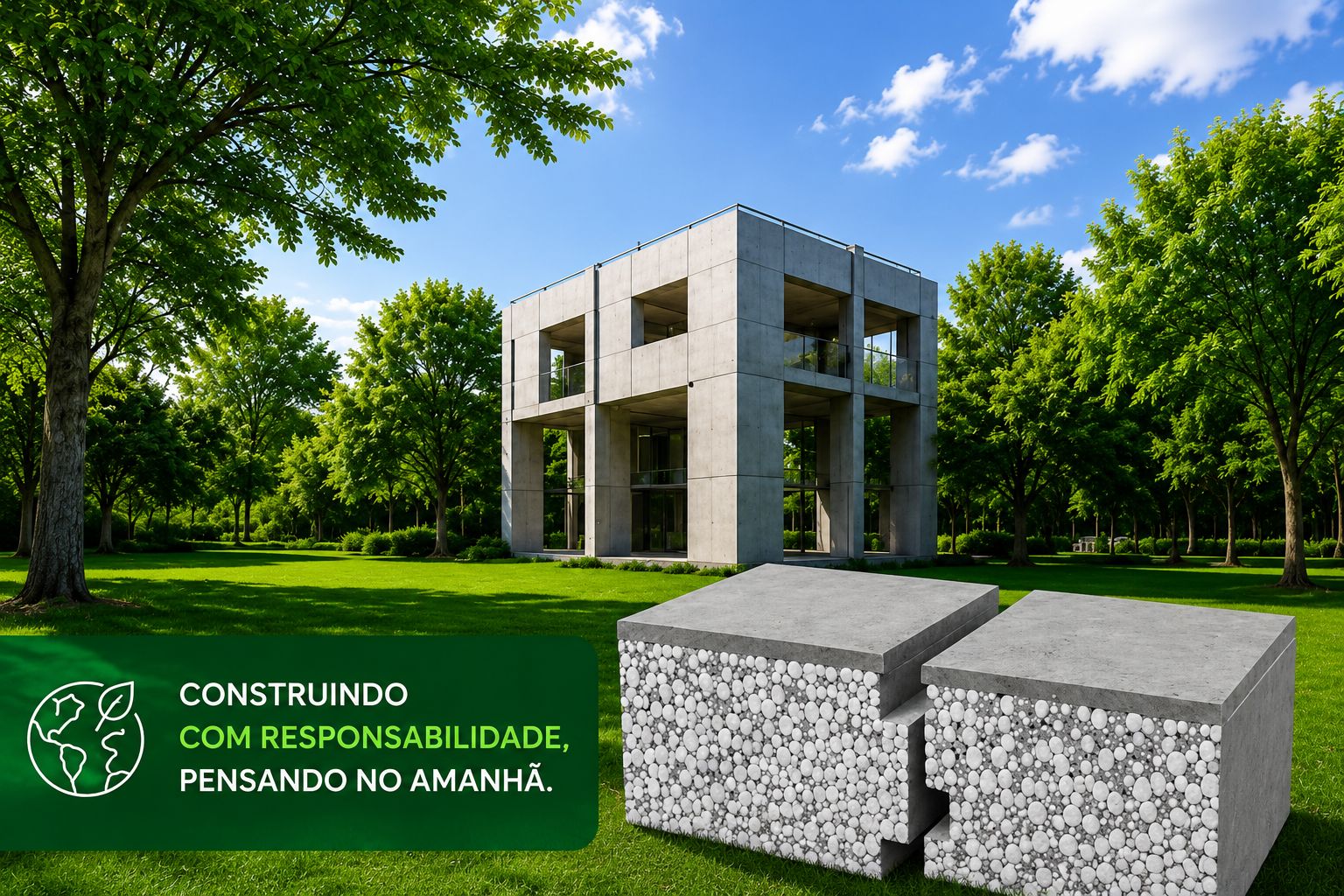 Construção sustentável com painéis Beta Tecnologia cercada de área verde